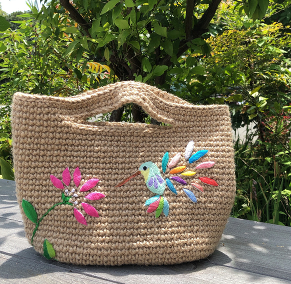 刺繍バッグ 麻紐バッグ 麻紐刺繍バッグ カゴバッグ ハチドリ 刺繍バッグ 麻紐バッグ 麻紐刺繍バッグ カゴバッグ ハチドリ