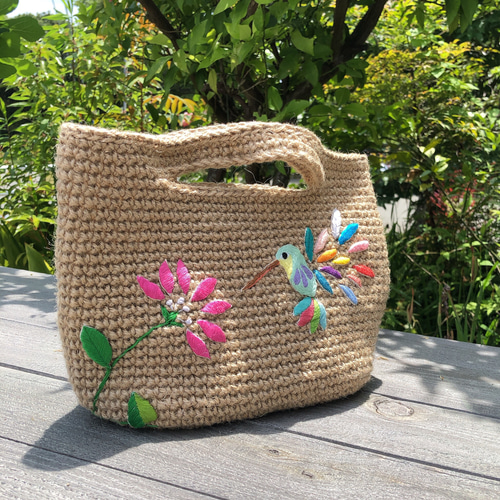 刺繍バッグ 麻紐バッグ 麻紐刺繍バッグ カゴバッグ ハチドリ 刺繍バッグ 麻紐バッグ 麻紐刺繍バッグ カゴバッグ ハチドリ