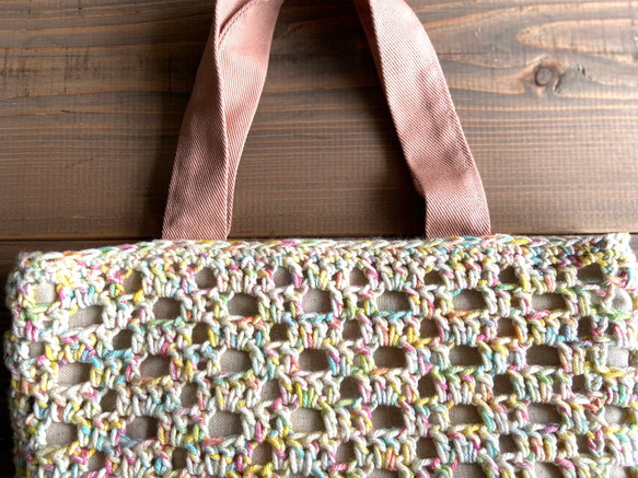 手編みコットンバッグ(ピンク系ミックスカラー) 3枚目の画像