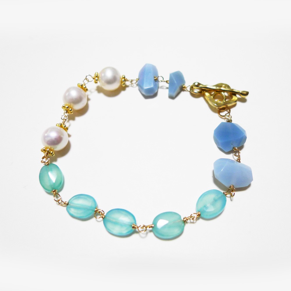 ◆ K14GF　淡水パールとブルーグリーン系ビーズのブレスレット