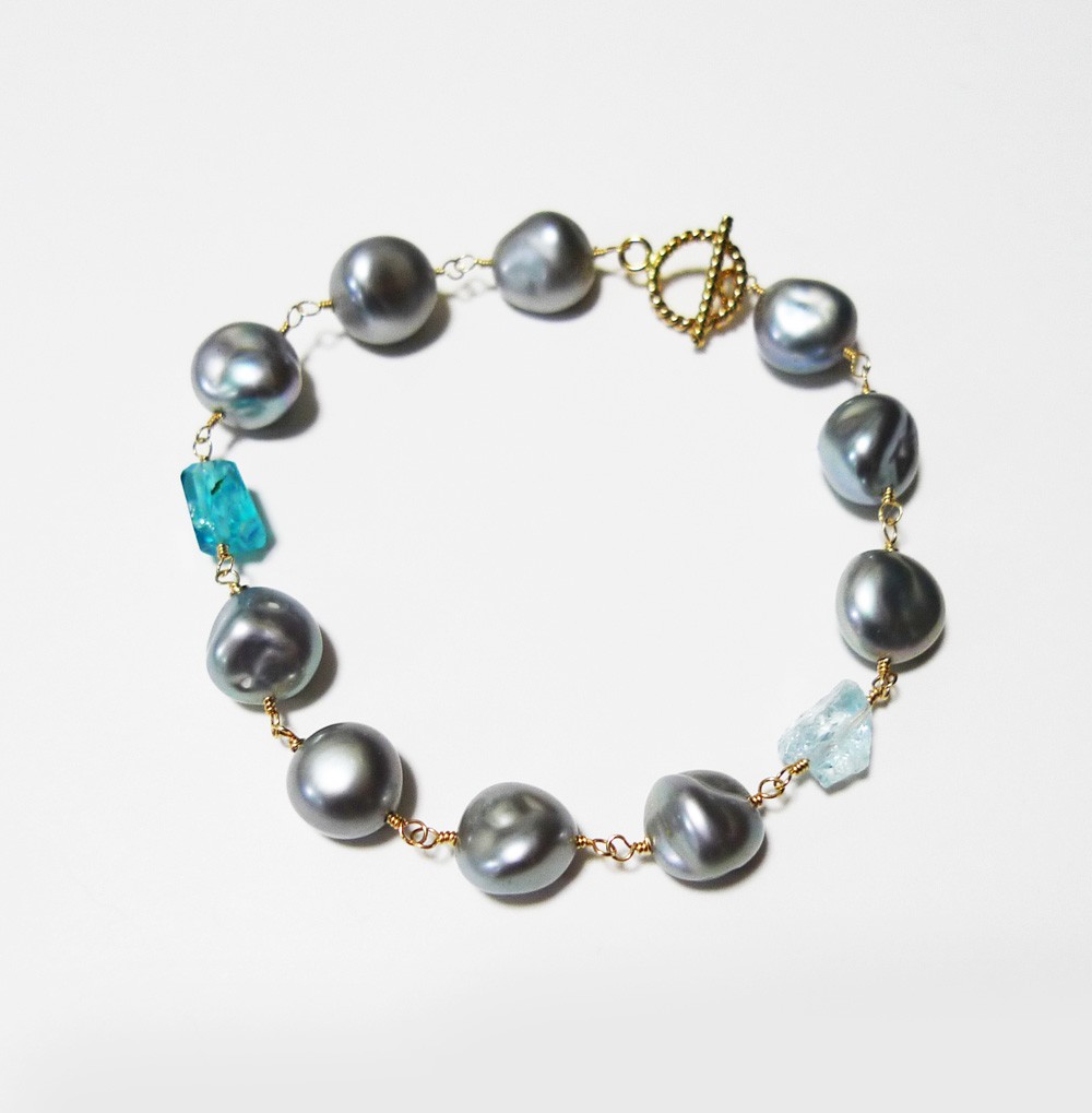 ◆ K14GF　バロック淡水パールと原石ラフタンブルビーズのブレスレット