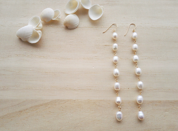 ★専用です　14kgf  淡水ライスパールのロングピアス 淡水パール】14kgf ライスパールのロングピアス/イヤリング