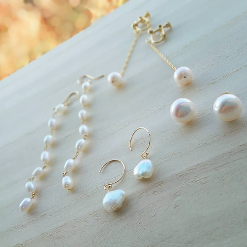 ★専用です　14kgf  淡水ライスパールのロングピアス 淡水パール】14kgf ライスパールのロングピアス/イヤリング