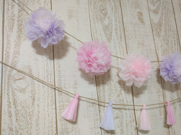 [均碼] 蓬鬆可愛的絨球和流蘇粉色花環套裝 第3張的照片