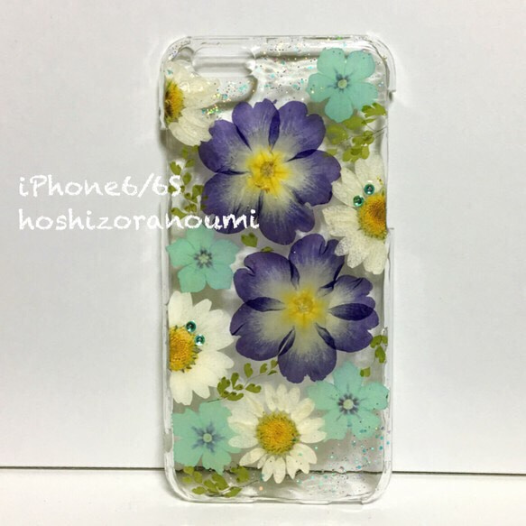 sale！iPhone6/6S 青紫系 ジュリアン フロックス ノースポール 押し花 素材 ケース 1枚目の画像