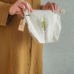 グラデーションモンステラ手刺繍ベント巾着ポケット手作りカスタマイズ品 2枚目の画像