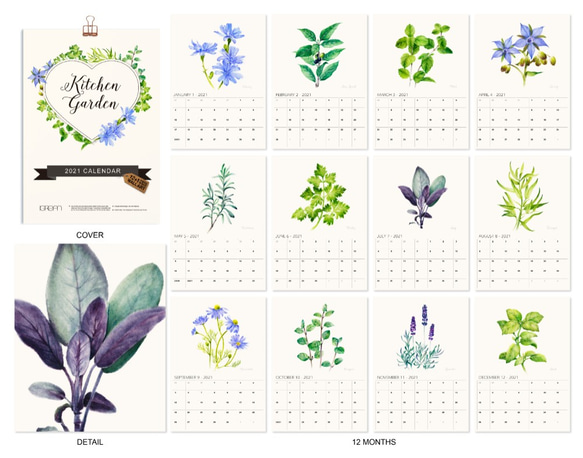廚房菜園 2021 可掛月曆 行事曆 手繪水彩香菜植物 第3張的照片