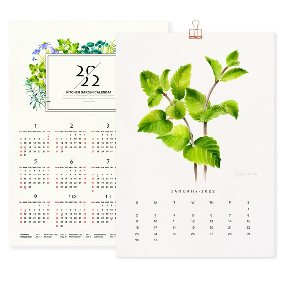 2022年の植物の壁掛けカレンダー・水彩画のシンプルな緑の植物のカレンダー cc04 1枚目の画像