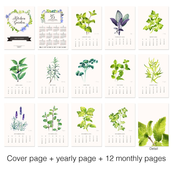 2022年の植物の壁掛けカレンダー・水彩画のシンプルな緑の植物のカレンダー cc04 9枚目の画像