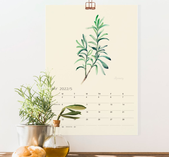 2022年の植物の壁掛けカレンダー・水彩画のシンプルな緑の植物のカレンダー ff03 2枚目の画像