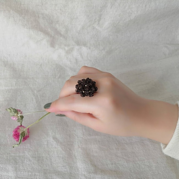 ブラウン◯レース編みの花ブーケの指輪 6枚目の画像