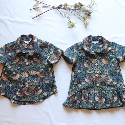 LIBERTY　ウイリアムモリス　いちご泥棒　ブルー　 バンドカラー長袖シャツ LIBERTY FABRICS NO.17 リバティプリント ドレスシャツ リバティ