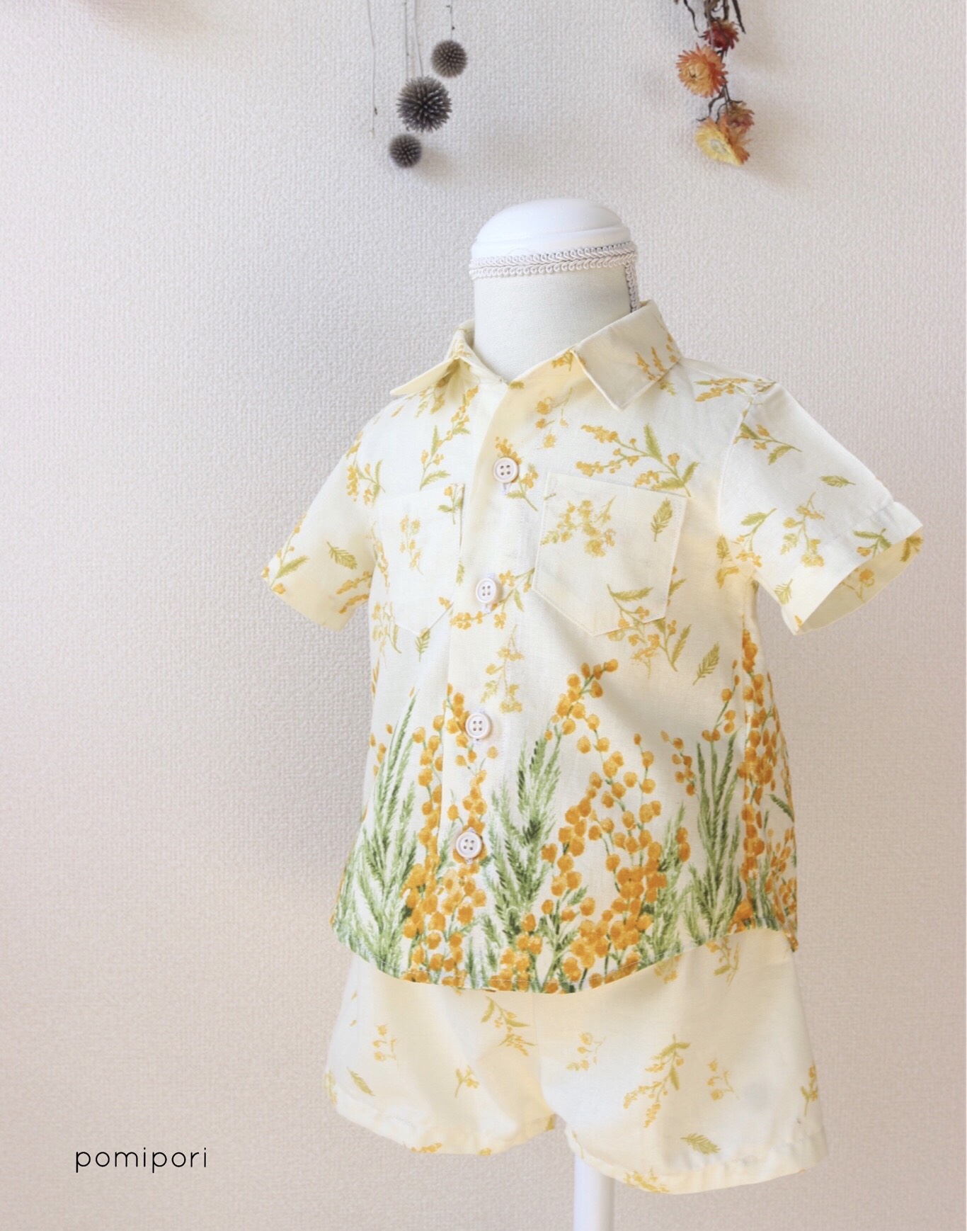 【2026年3月まで】春満開！総柄ミモザのセットアップ/半袖＆ショートパンツ/お出かけ/ギフトにも