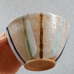 陶のお茶碗【白地に4色のストライプ】 1枚目の画像