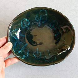 《訳あり品3点セット》陶の楕円鉢【深い緑、ビリジアンの森に佇む白い樹】 2枚目の画像