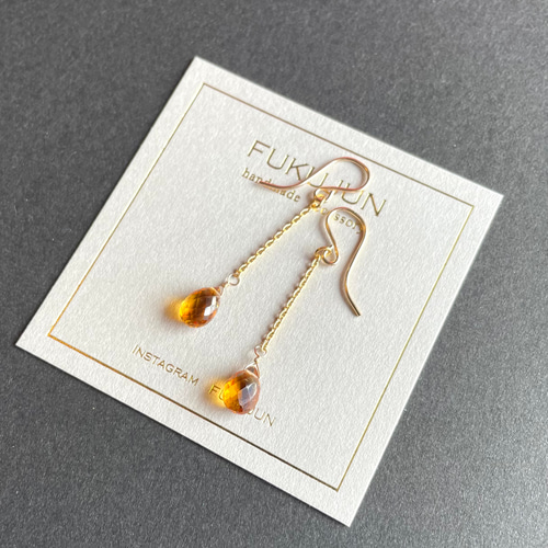 シトリン＊ロングピアス＊14kgf ピアス（フック・チェーン） FUKUJUN