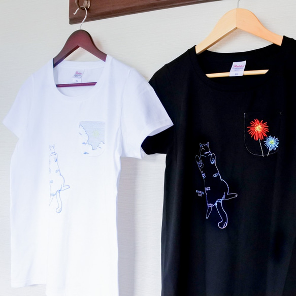 【特集掲載】夏の猫T〔へそ天猫と花火の刺繍Tシャツ〕黒 8枚目の画像