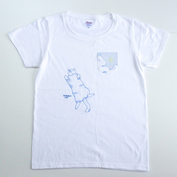 夏の猫T〔へそ天猫と夏空の刺繍Tシャツ〕白 7枚目の画像