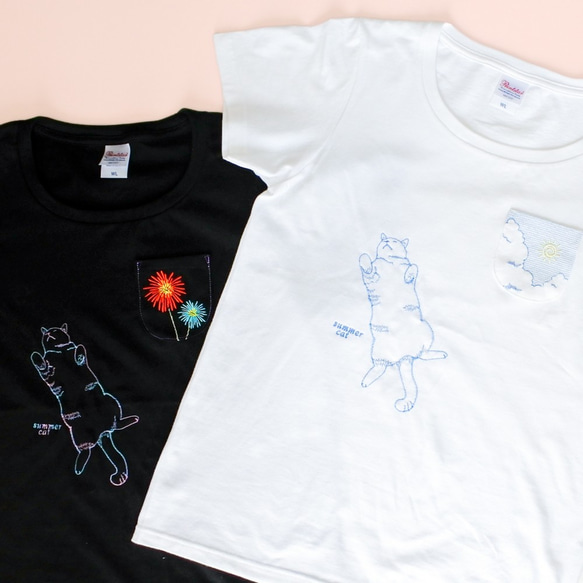 夏の猫Tセット〔へそ天猫と夏空の刺繍Tシャツ〕白＆黒 1枚目の画像