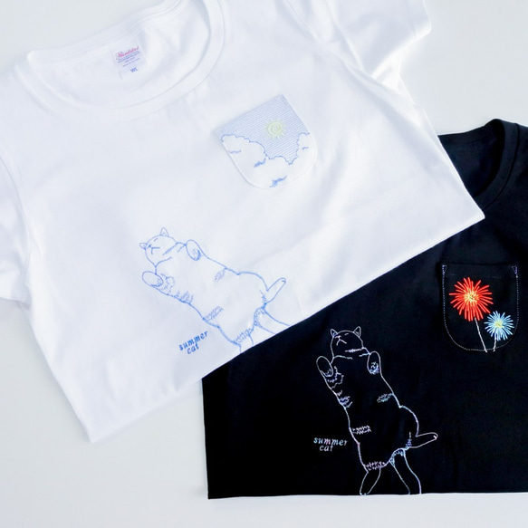 夏の猫Tセット〔へそ天猫と夏空の刺繍Tシャツ〕白＆黒 5枚目の画像
