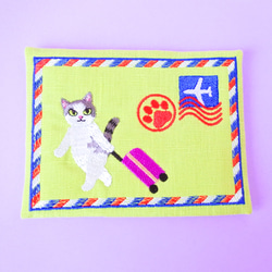 旅する猫のポケットティッシュケース《緑》名入れ対応 2枚目の画像