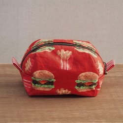 ぽってりラウンド型 オリジナル生地ファスナーポーチ "hamburger!" ハンバーガー柄 ◆エンジ 3枚目の画像