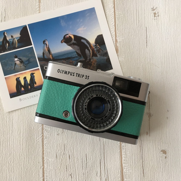 【完動品】レトロなフィルムカメラ オリンパス TRIP35  エメラルド色のレザー 7枚目の画像