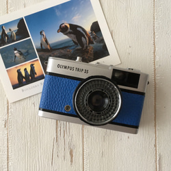 【完動品】レトロなフィルムカメラ　オリンパスTRIP35 コバルトブルーの本革【送料無料+フィルム１本プレゼント！】 2枚目の画像