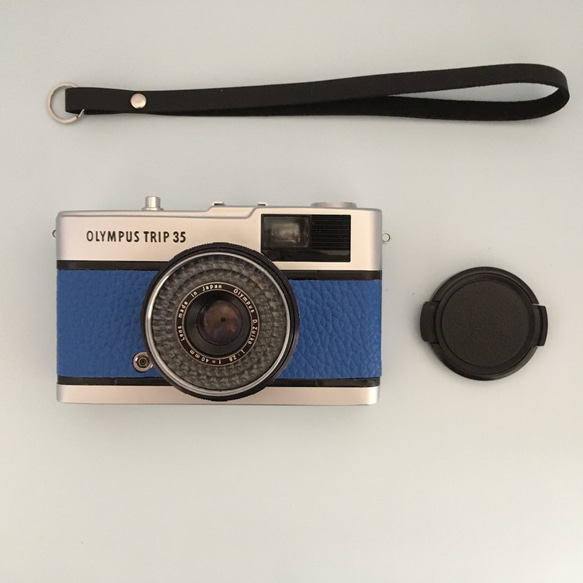 【完動品】レトロなフィルムカメラ　オリンパスTRIP35 コバルトブルーの本革【送料無料+フィルム１本プレゼント！】 9枚目の画像