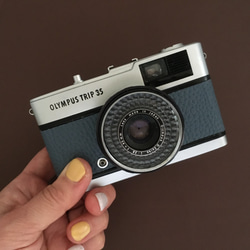 【完動品】レトロなフィルムカメラ　オリンパスTRIP35 ブルーグレーの本革 8枚目の画像