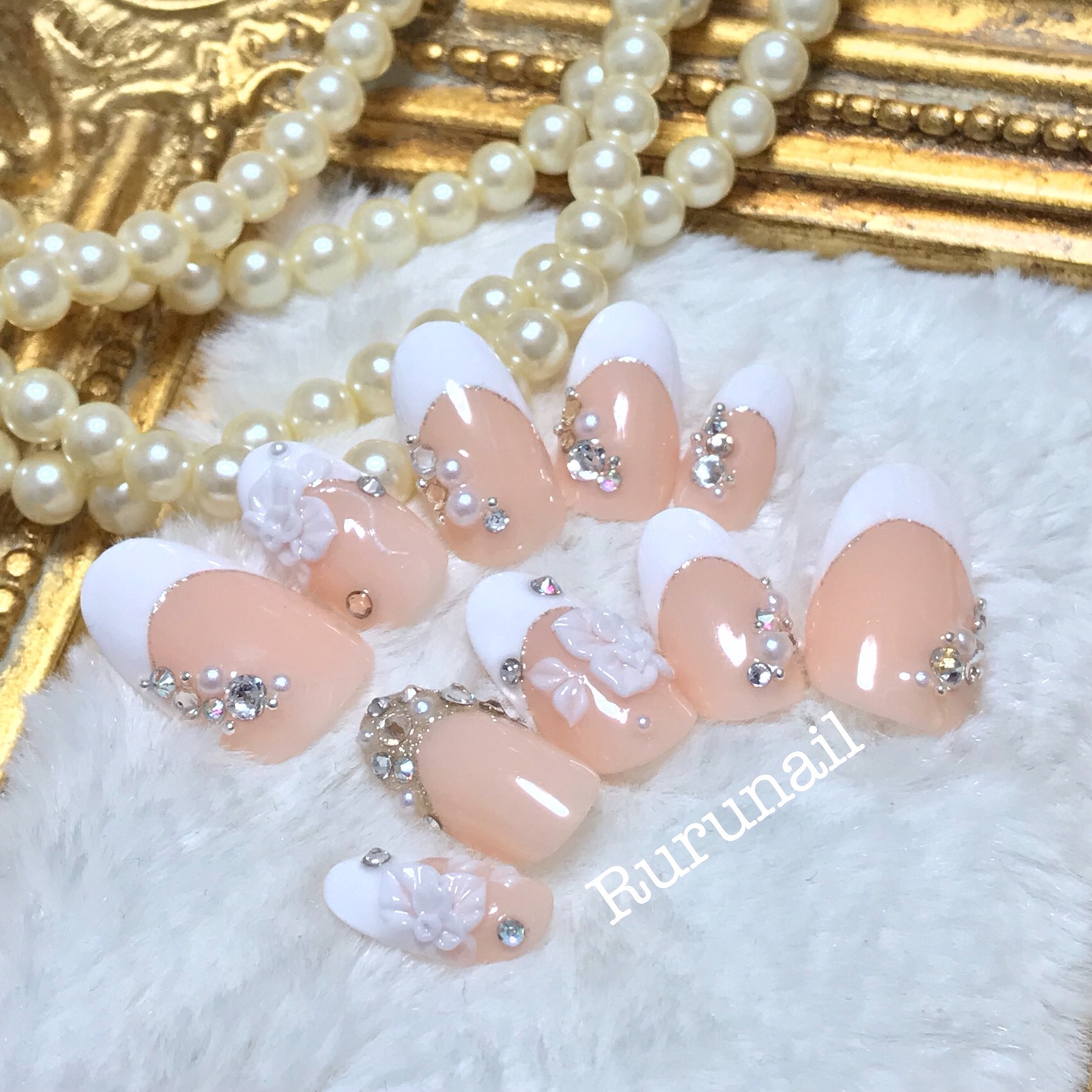 ネイルチップ/フレンチ/王道/３Ｄ/フラワー/001