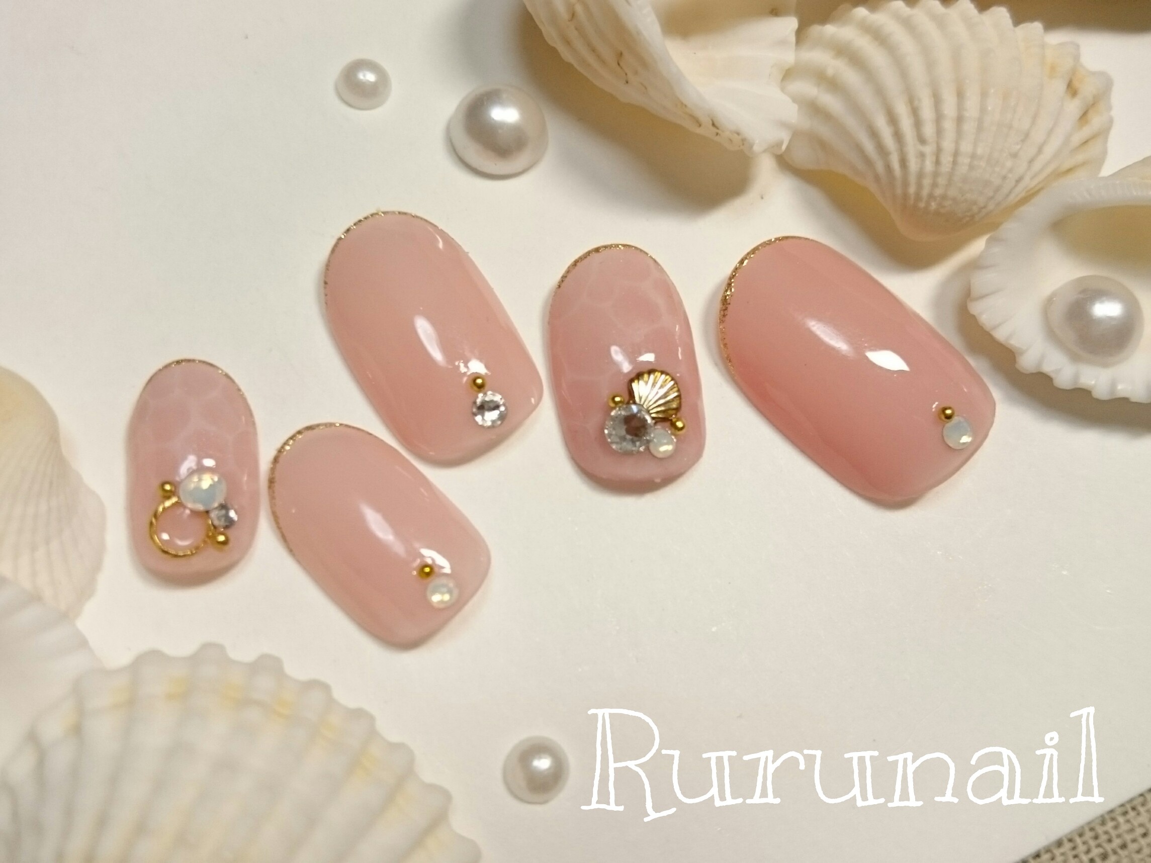 即日発送】ネイルチップ リボン×ピンクベージュ ［SS016