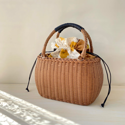 MISTO ベージュ かごバッグ 保存袋付き モカ まぁるいかごバッグ 持ち手ブラックワックスコード 巾着袋付き