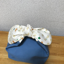 リボンお弁当袋 ブルー×ぞうさんラメ入り 2枚目の画像