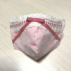 粉色 x 白色蕾絲和絲帶毛巾面膜 第2張的照片