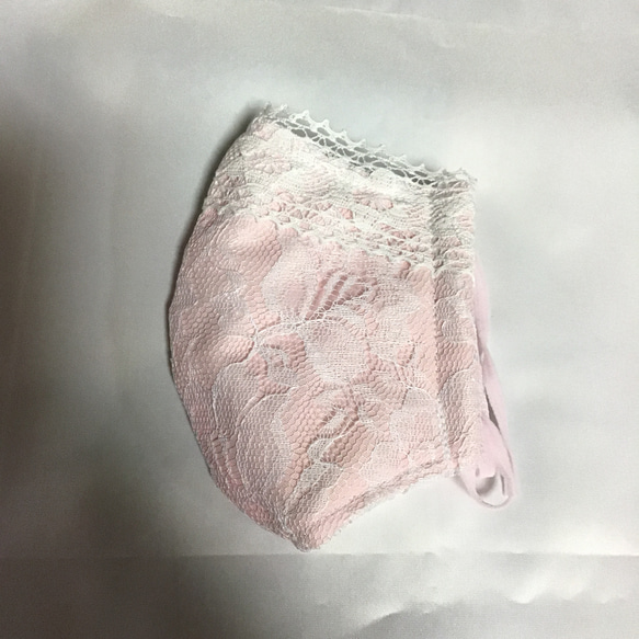 ベビーピンク×白　ポケット付きレースマスク 3枚目の画像