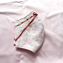 ピンク×白　レース＆赤リボンタオルマスク 6枚目の画像