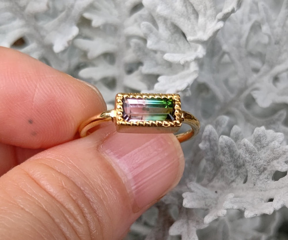 バイカラートルマリン1.08ct  バゲットカット　green&pink　シルバーSV925リング 1枚目の画像