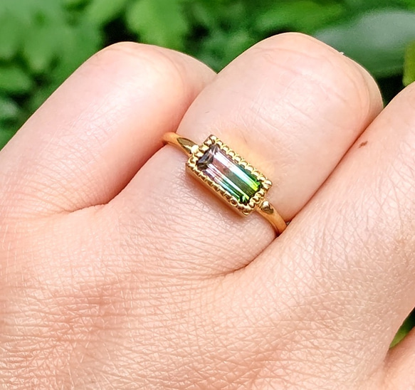 バイカラートルマリン1.08ct  バゲットカット　green&pink　シルバーSV925リング 3枚目の画像