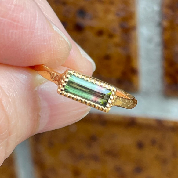 バイカラートルマリン0.61ct  バゲットカット　green&pink　シルバーSV925リング 6枚目の画像