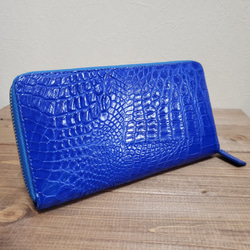 【訳あり商品】シャムクロコ（クロコダイル革）レディース・メンズ財布 ラウンドファスナー　ブルー 2枚目の画像