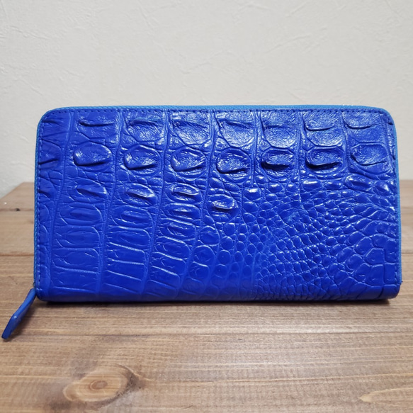 【訳あり商品】シャムクロコ（クロコダイル革）レディース・メンズ財布 ラウンドファスナー　ブルー 5枚目の画像