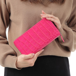 【訳あり商品】シャムクロコ（クロコダイル革）レディース・メンズ財布 ラウンドファスナー ピンク 5枚目の画像