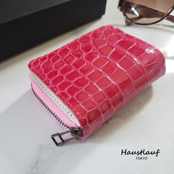 ワニ革 　レディース・メンズ　大容量のミニ財布 　小さい　コンパクト　極小　オールインワン財布　キャッシュレス　ピンク 1枚目の画像