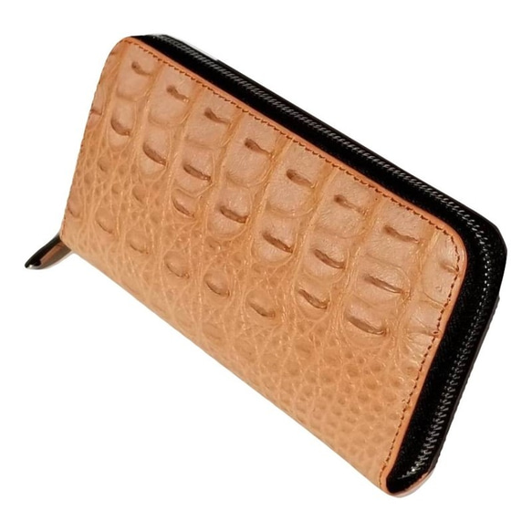 シャムクロコ（クロコダイル革）レディース・メンズ財布 ラウンドファスナー　サーモンピンク 4枚目の画像