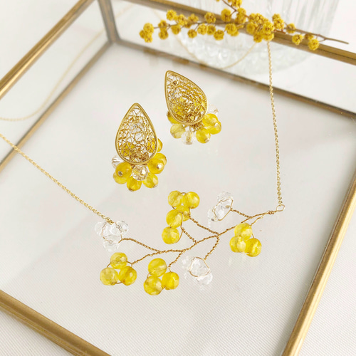 天然石ミモザ ネックレス・ピアス/イヤリング 2点セット ネックレス