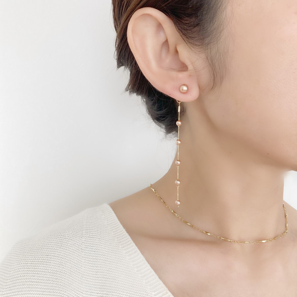 ＜2way＞ローズゴールドパール×スネークチェーン ピアス/ノンホールピアス 2枚目の画像