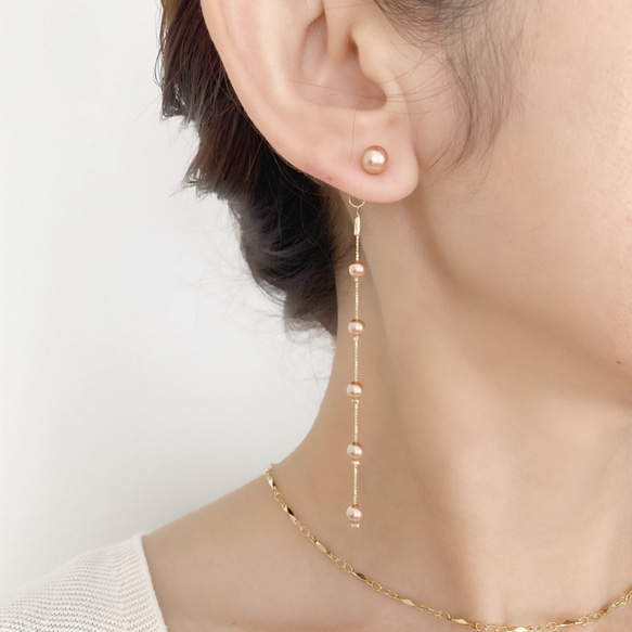 ＜2way＞ローズゴールドパール×スネークチェーン ピアス/ノンホールピアス 3枚目の画像