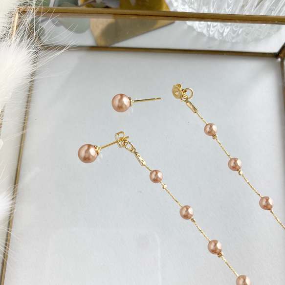 ＜2way＞ローズゴールドパール×スネークチェーン ピアス/ノンホールピアス 5枚目の画像