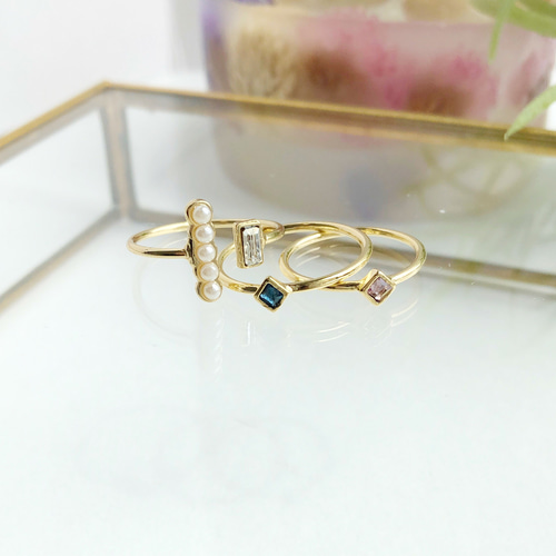 誕生石カラーが選べる＞フォークリング&重ねづけリング 3点セット 指輪